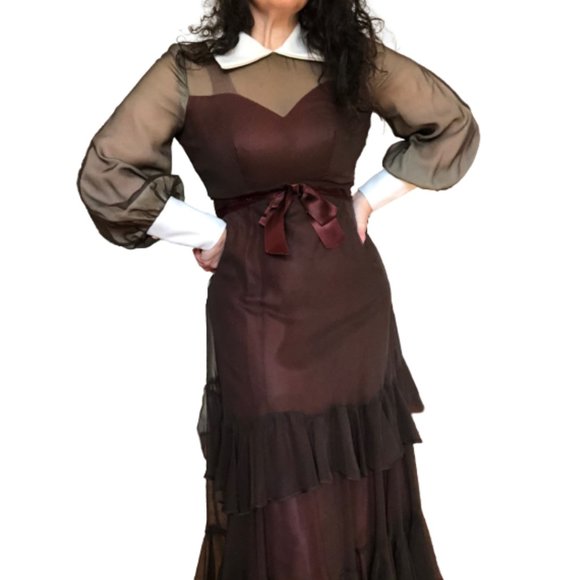 Vtg 60s/70s Wednesday Addams Goth Prairie Tiered Ruffle Contrast Trim Maxi Dress - Picture 6 of 17